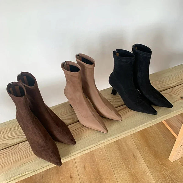 Valy Pointed Toe Suede Ankle Boots with Thin Heel